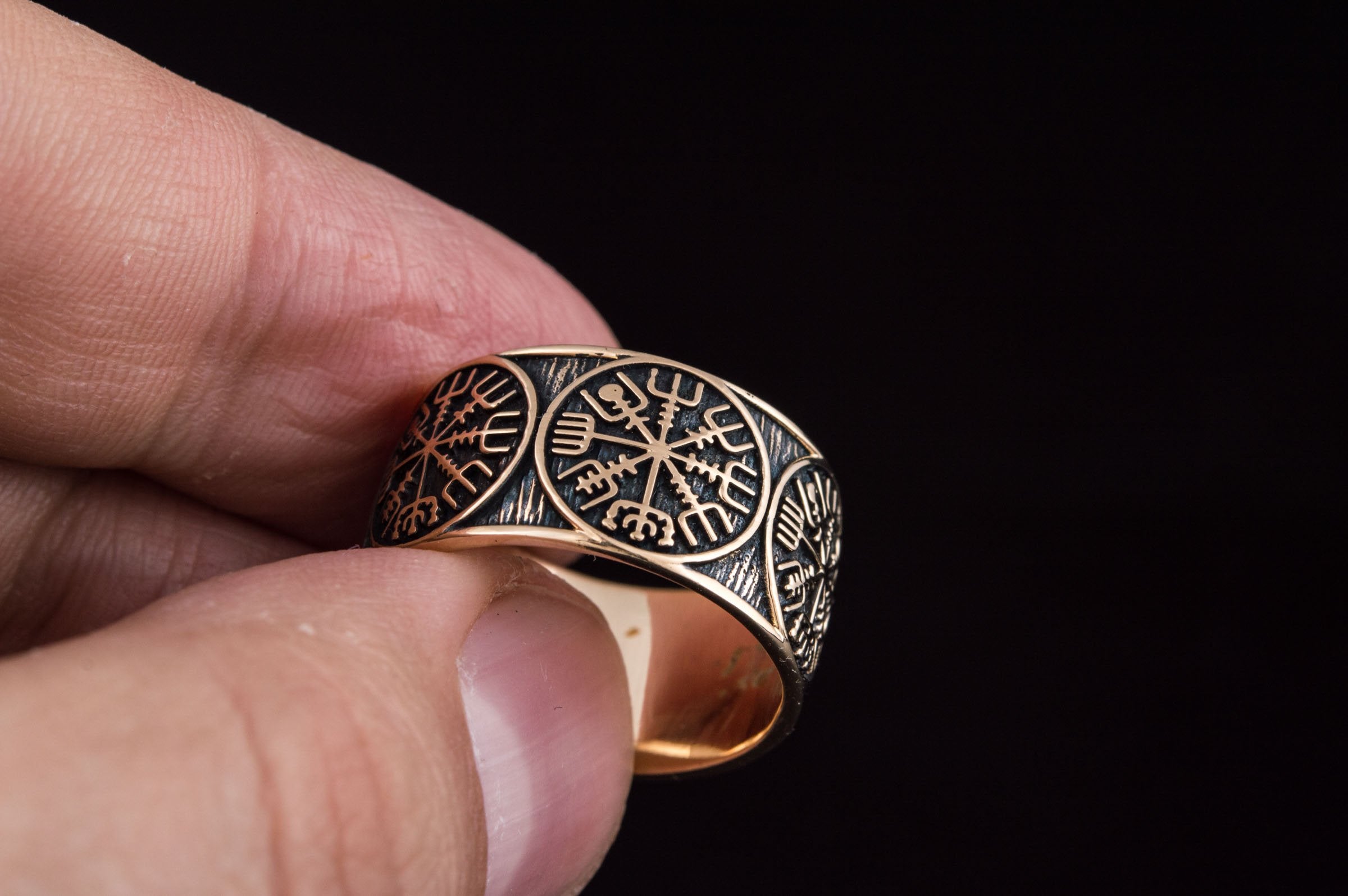 Vegvisir Runic Compass Bronze Norse Ring - vikingworkshop