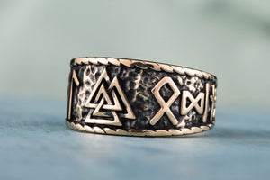 Valknut Symbol With HAIL ODIN Runes Bronze Pagan Ring - vikingworkshop