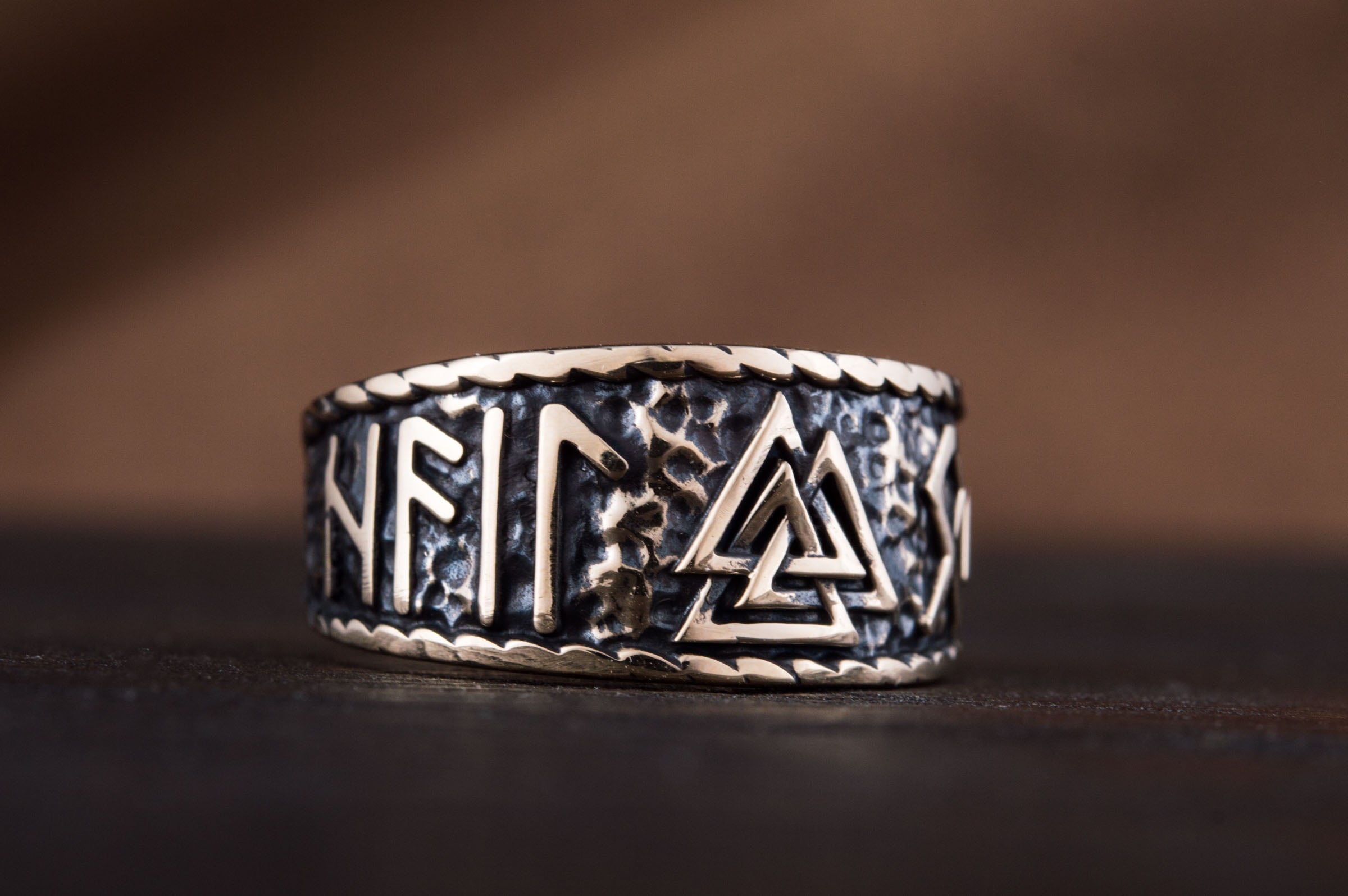 Valknut Symbol With HAIL ODIN Runes Bronze Pagan Ring - vikingworkshop