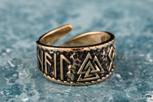 Valknut Symbol With HAIL ODIN Runes Bronze Pagan Ring - vikingworkshop