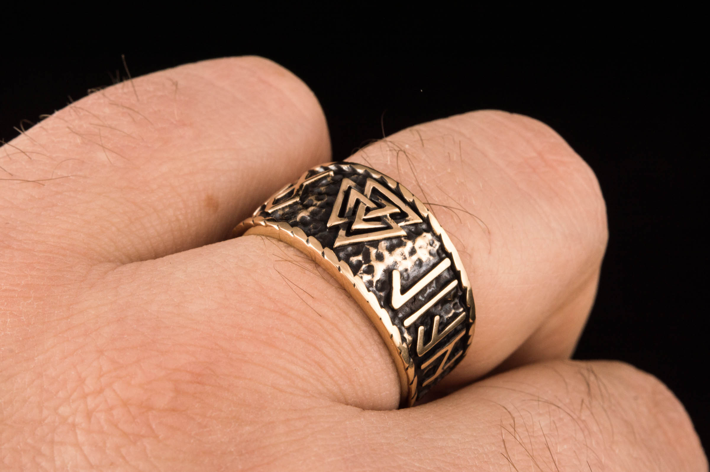 Valknut Symbol With HAIL ODIN Runes Bronze Pagan Ring - vikingworkshop