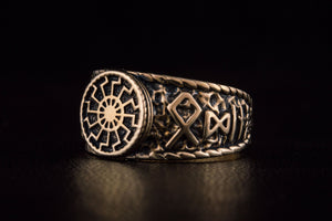 Black Sun Symbol with HAIL ODIN Runes Bronze Viking Ring - vikingworkshop