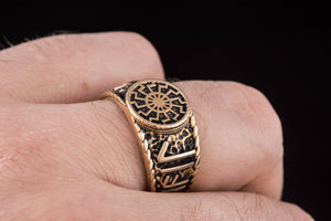 Black Sun Symbol with HAIL ODIN Runes Bronze Viking Ring - vikingworkshop