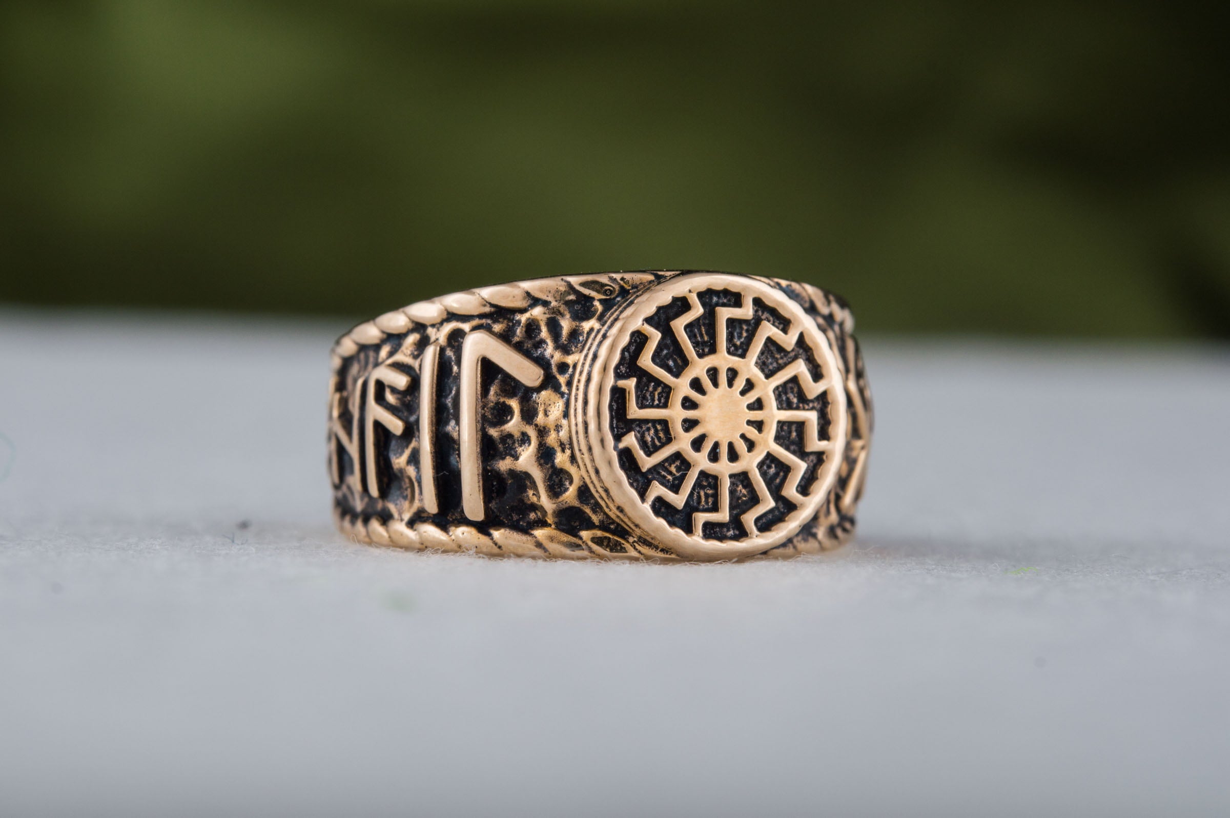 Black Sun Symbol with HAIL ODIN Runes Bronze Viking Ring - vikingworkshop