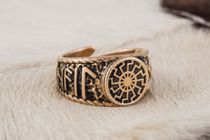 Black Sun Symbol with HAIL ODIN Runes Bronze Viking Ring - vikingworkshop