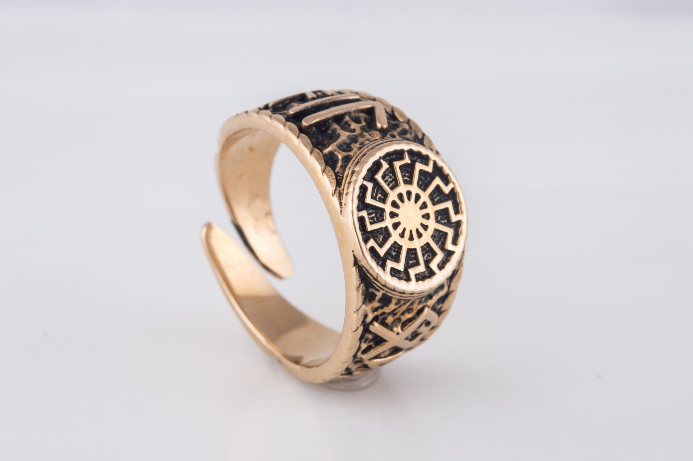 Black Sun Symbol with HAIL ODIN Runes Bronze Viking Ring - vikingworkshop