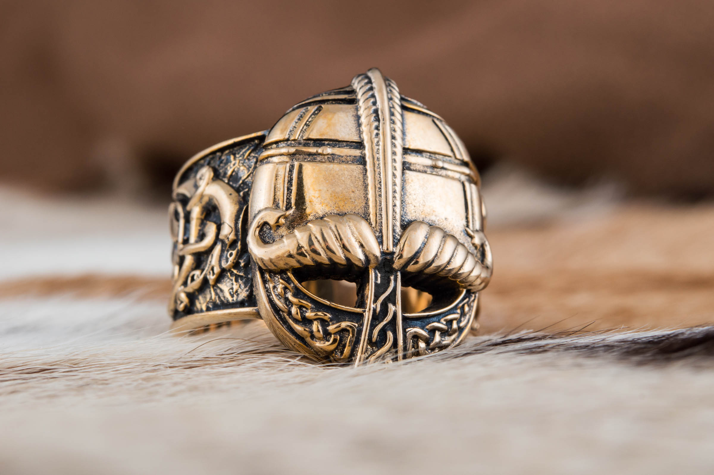 Viking Bronze Helmet Ring with Ornament Unique Jewelry - vikingworkshop