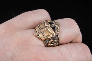 Viking Bronze Helmet Ring with Ornament Unique Jewelry - vikingworkshop