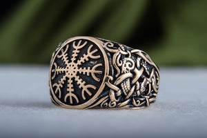 Helm of Awe Ring with Mammen Ornament Bronze Viking Jewelry - vikingworkshop