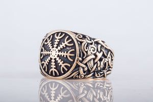 Helm of Awe Ring with Mammen Ornament Bronze Viking Jewelry - vikingworkshop