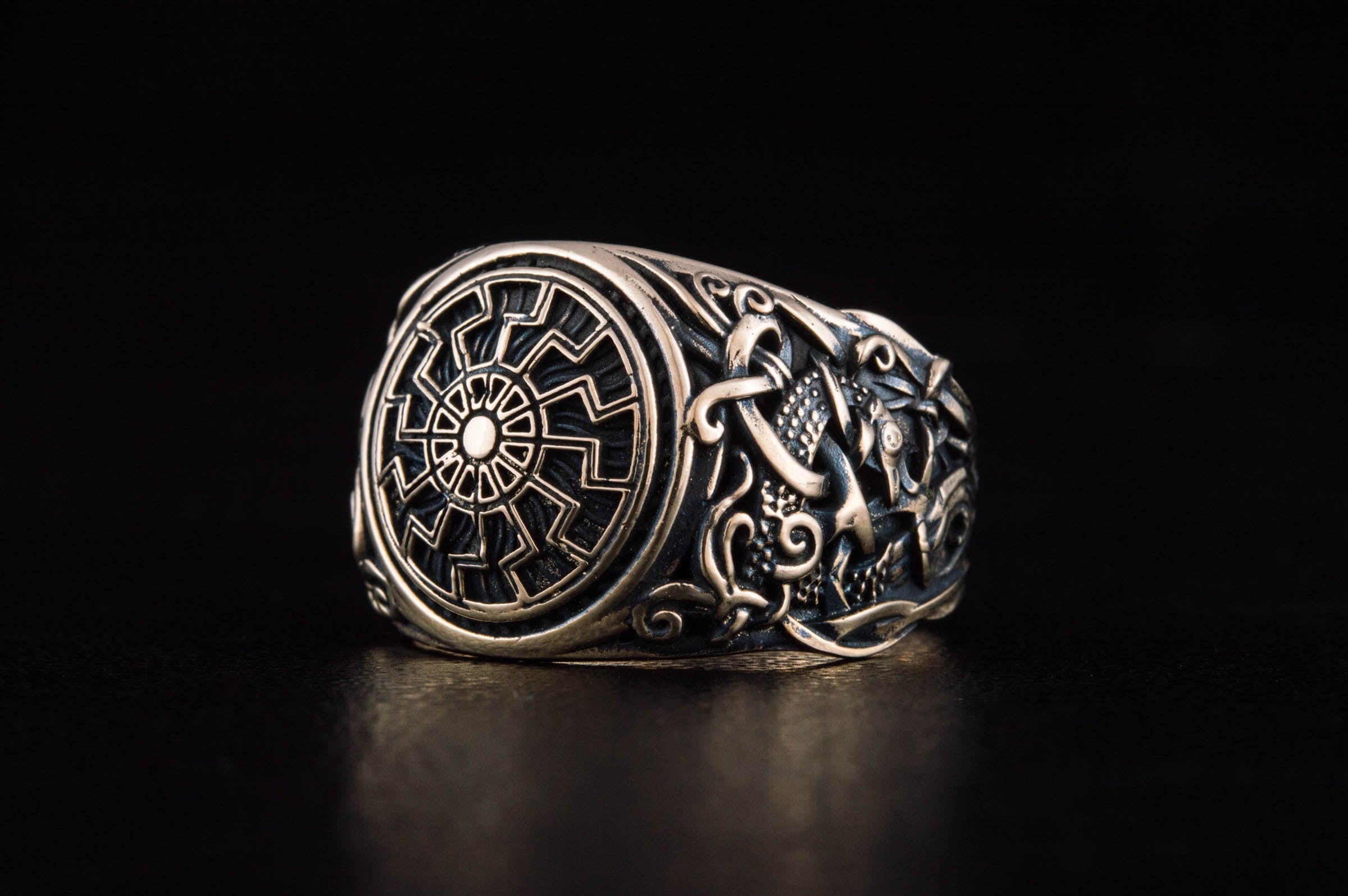 Black Sun Ring with Mammen Ornament Bronze Viking Jewelry - vikingworkshop