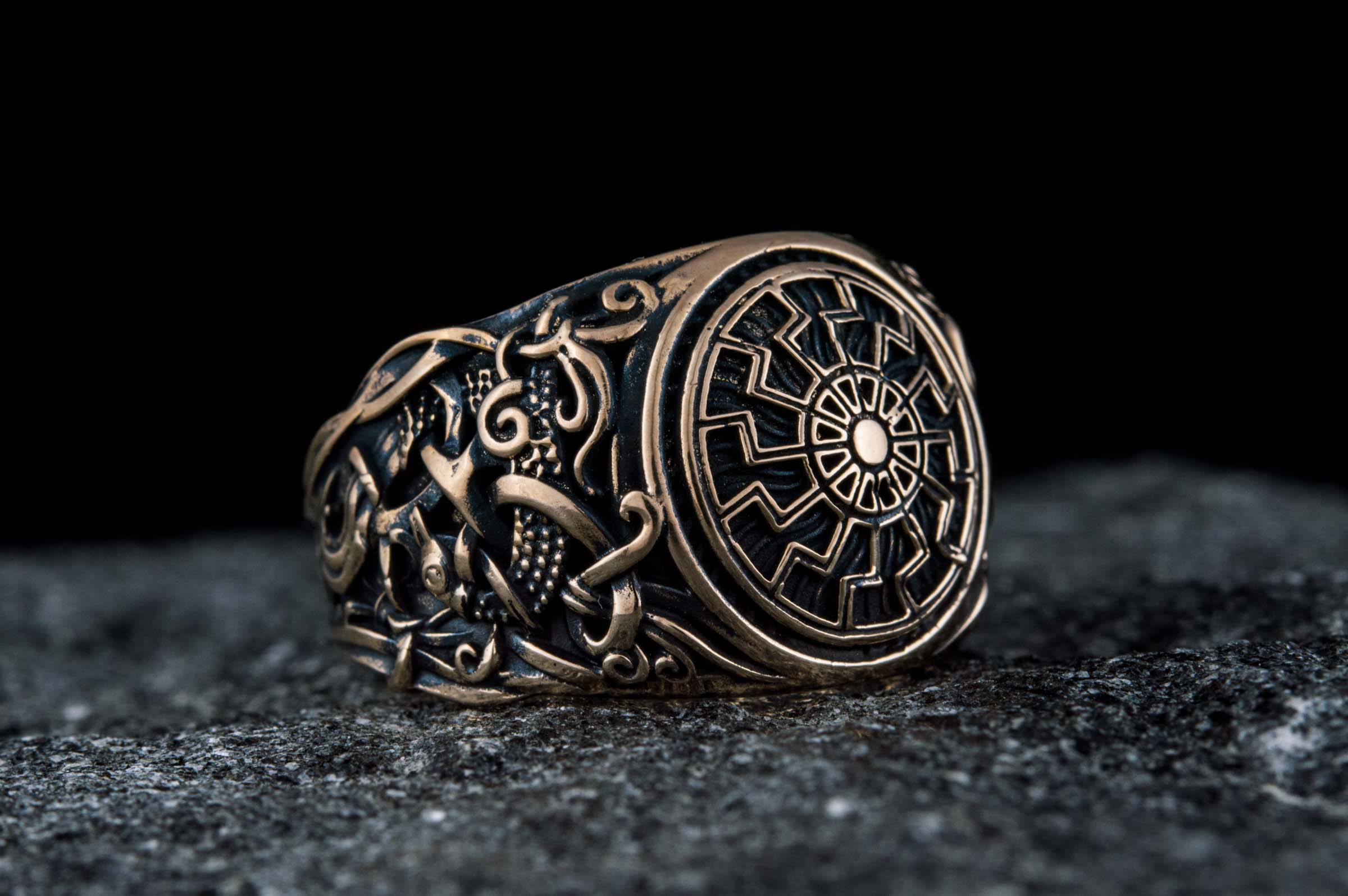 Black Sun Ring with Mammen Ornament Bronze Viking Jewelry - vikingworkshop