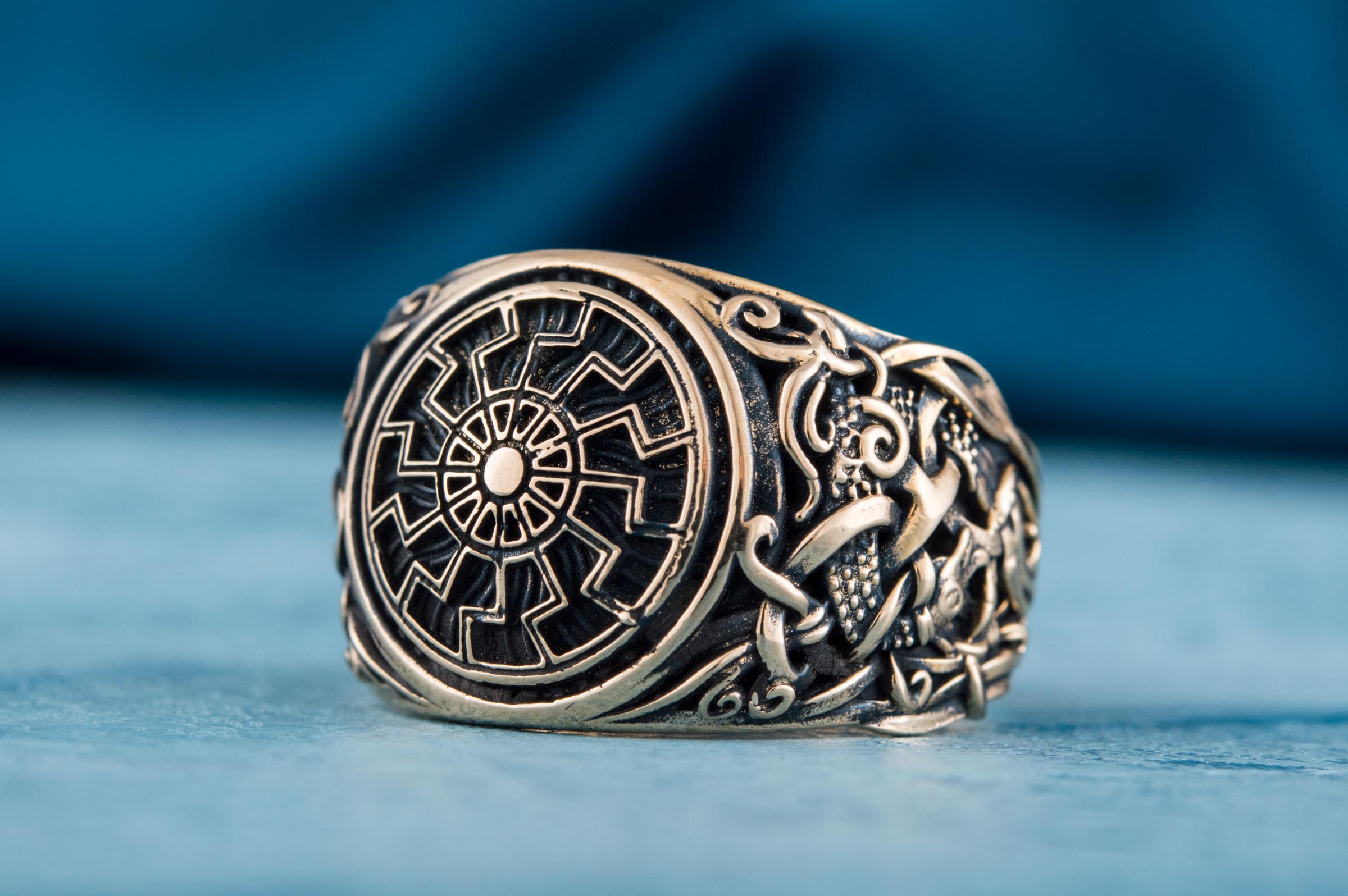 Black Sun Ring with Mammen Ornament Bronze Viking Jewelry - vikingworkshop