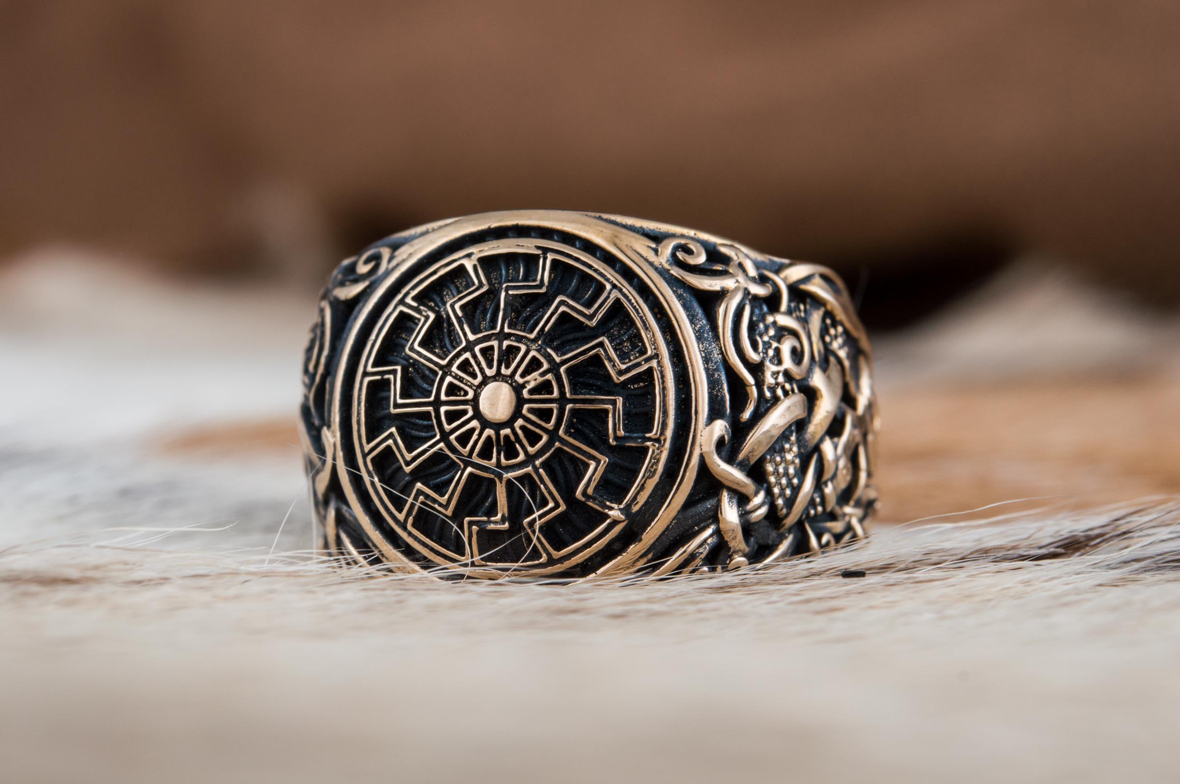 Black Sun Ring with Mammen Ornament Bronze Viking Jewelry - vikingworkshop
