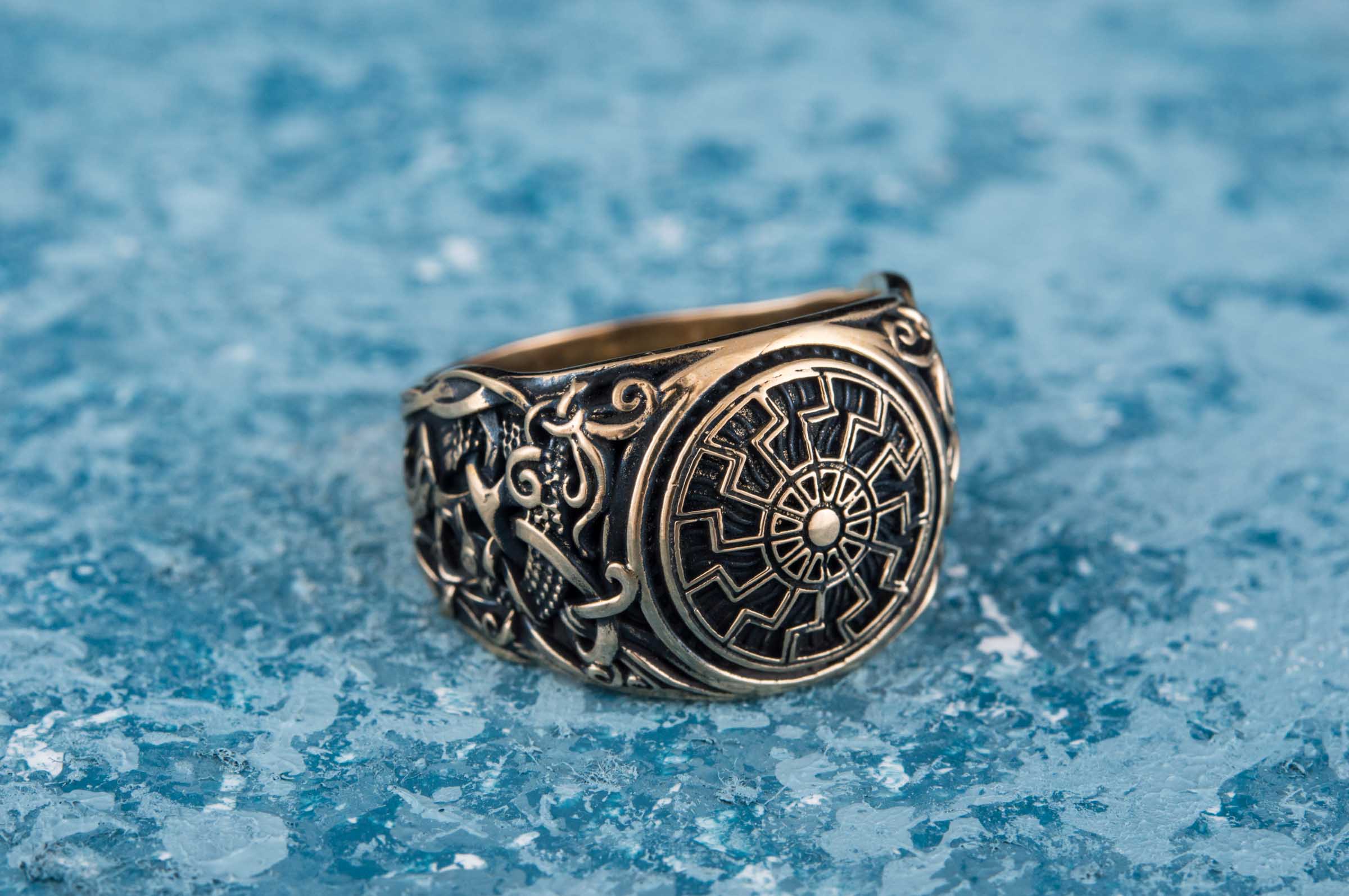 Black Sun Ring with Mammen Ornament Bronze Viking Jewelry - vikingworkshop