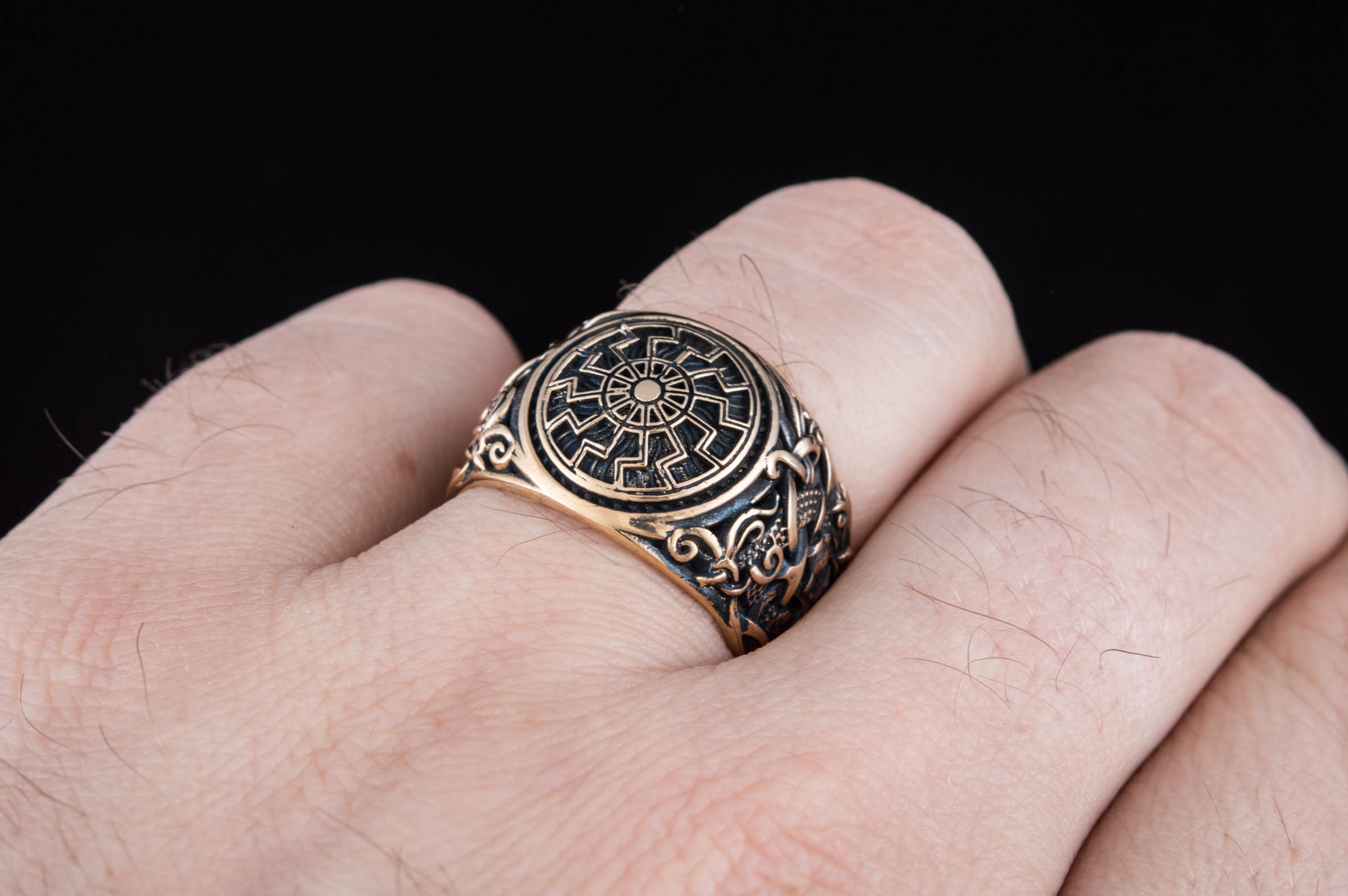 Black Sun Ring with Mammen Ornament Bronze Viking Jewelry - vikingworkshop