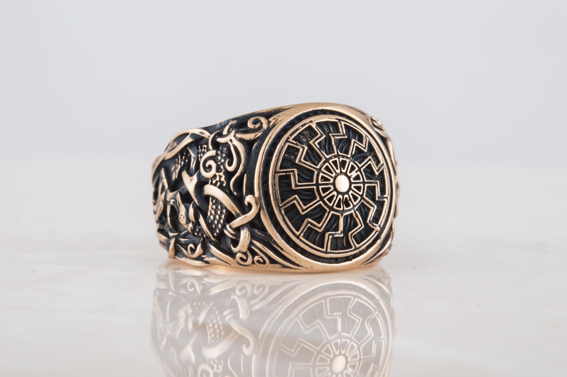Black Sun Ring with Mammen Ornament Bronze Viking Jewelry - vikingworkshop