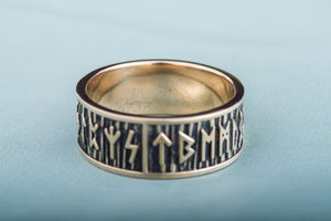 Elder Futhark Runes Ring with Wide Rim Bronze Viking Jewelry - vikingworkshop
