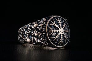 Helm of Awe Symbol with Oak Leaves and Acorns Bronze Norse Ring - vikingworkshop