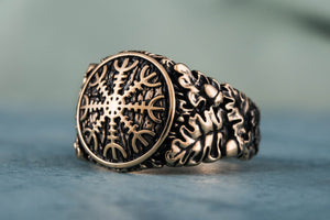 Helm of Awe Symbol with Oak Leaves and Acorns Bronze Norse Ring - vikingworkshop