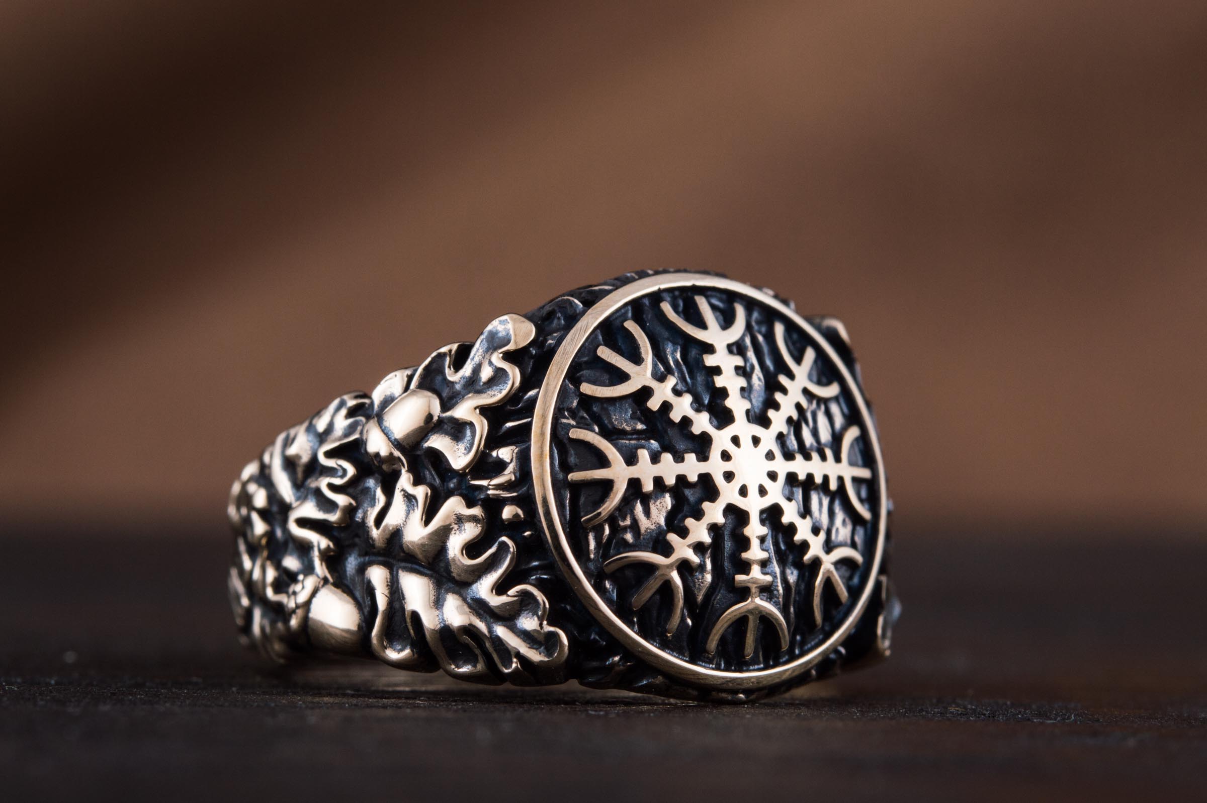 Helm of Awe Symbol with Oak Leaves and Acorns Bronze Norse Ring - vikingworkshop