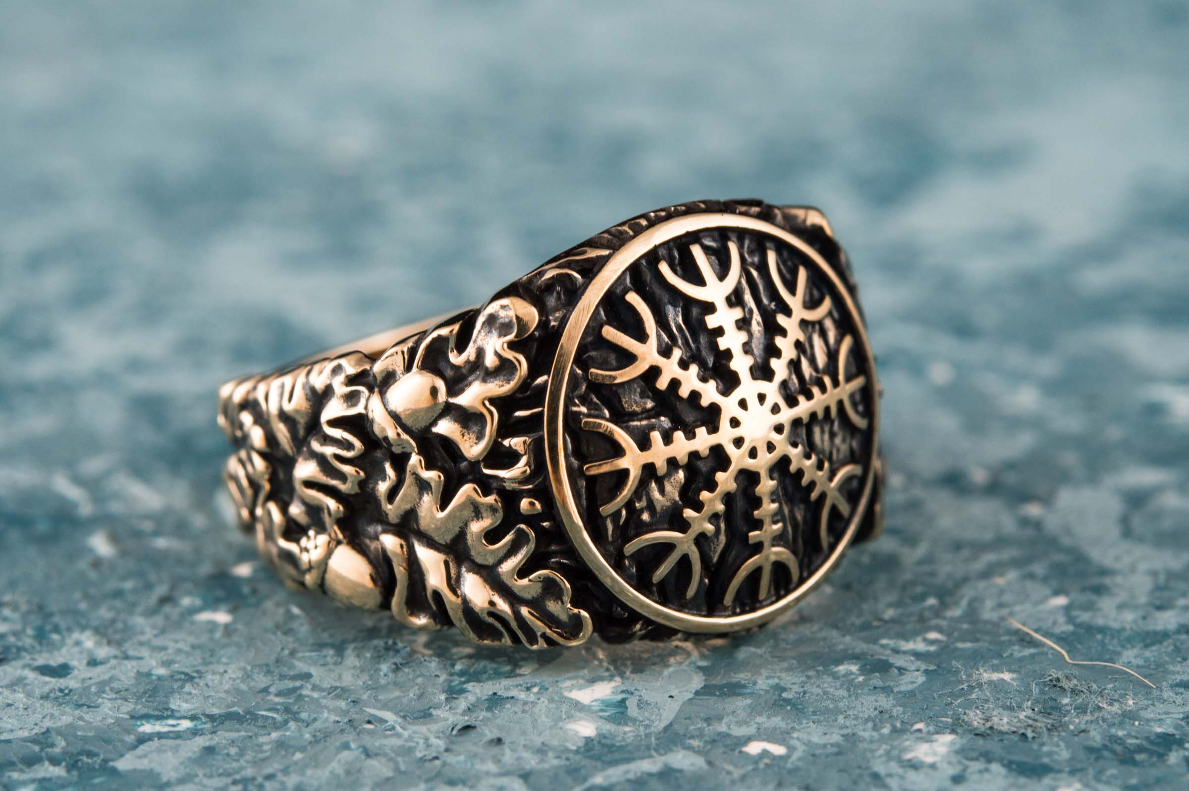 Helm of Awe Symbol with Oak Leaves and Acorns Bronze Norse Ring - vikingworkshop