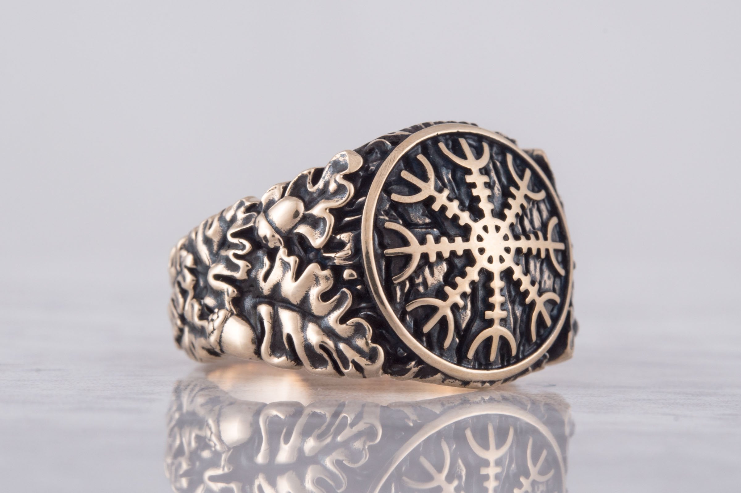 Helm of Awe Symbol with Oak Leaves and Acorns Bronze Norse Ring - vikingworkshop