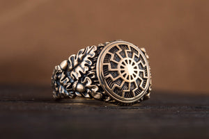 Black Sun Symbol with Oak Leaves and Acorns Bronze Norse Ring - vikingworkshop