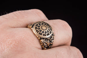 Black Sun Symbol with Oak Leaves and Acorns Bronze Norse Ring - vikingworkshop