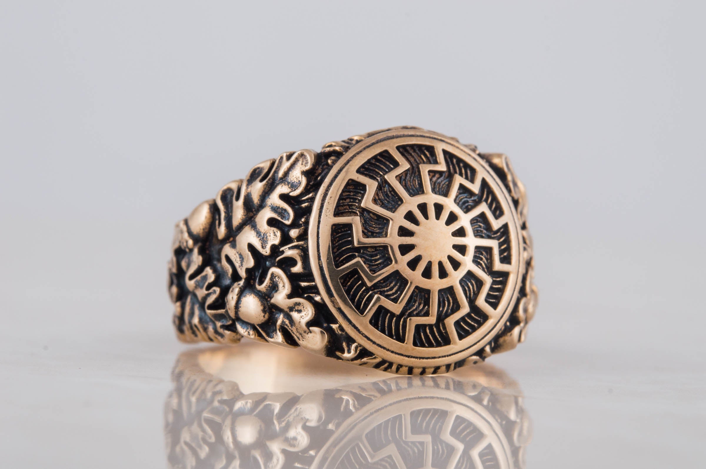 Black Sun Symbol with Oak Leaves and Acorns Bronze Norse Ring - vikingworkshop