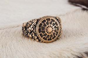 Black Sun Symbol with Oak Leaves and Acorns Bronze Norse Ring - vikingworkshop