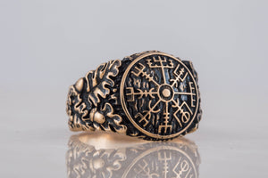 Vegvisir Symbol with Oak Leaves and Acorns Bronze Viking Ring - vikingworkshop