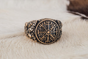 Vegvisir Symbol with Oak Leaves and Acorns Bronze Viking Ring - vikingworkshop