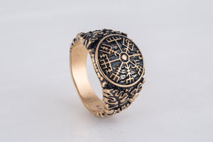 Vegvisir Symbol with Oak Leaves and Acorns Bronze Viking Ring - vikingworkshop