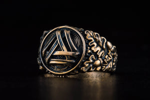 Valknut Symbol with Oak Leaves and Acorns Bronze Norse Ring - vikingworkshop