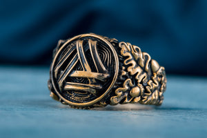 Valknut Symbol with Oak Leaves and Acorns Bronze Norse Ring - vikingworkshop