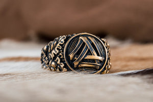 Valknut Symbol with Oak Leaves and Acorns Bronze Norse Ring - vikingworkshop