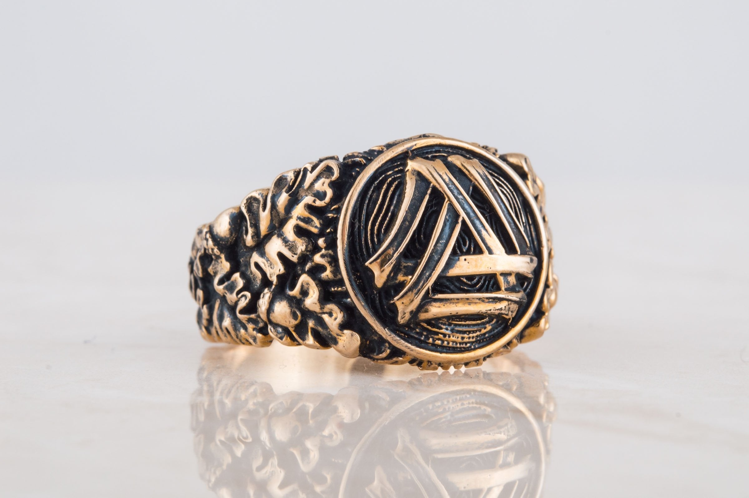 Valknut Symbol with Oak Leaves and Acorns Bronze Norse Ring - vikingworkshop