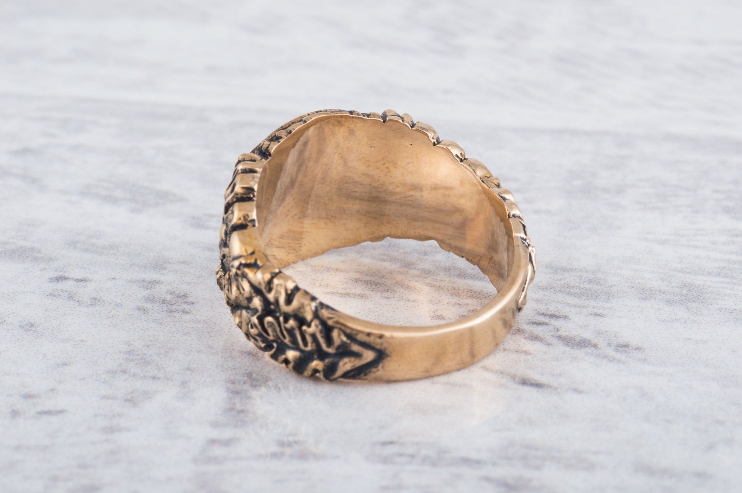 Valknut Symbol with Oak Leaves and Acorns Bronze Norse Ring - vikingworkshop