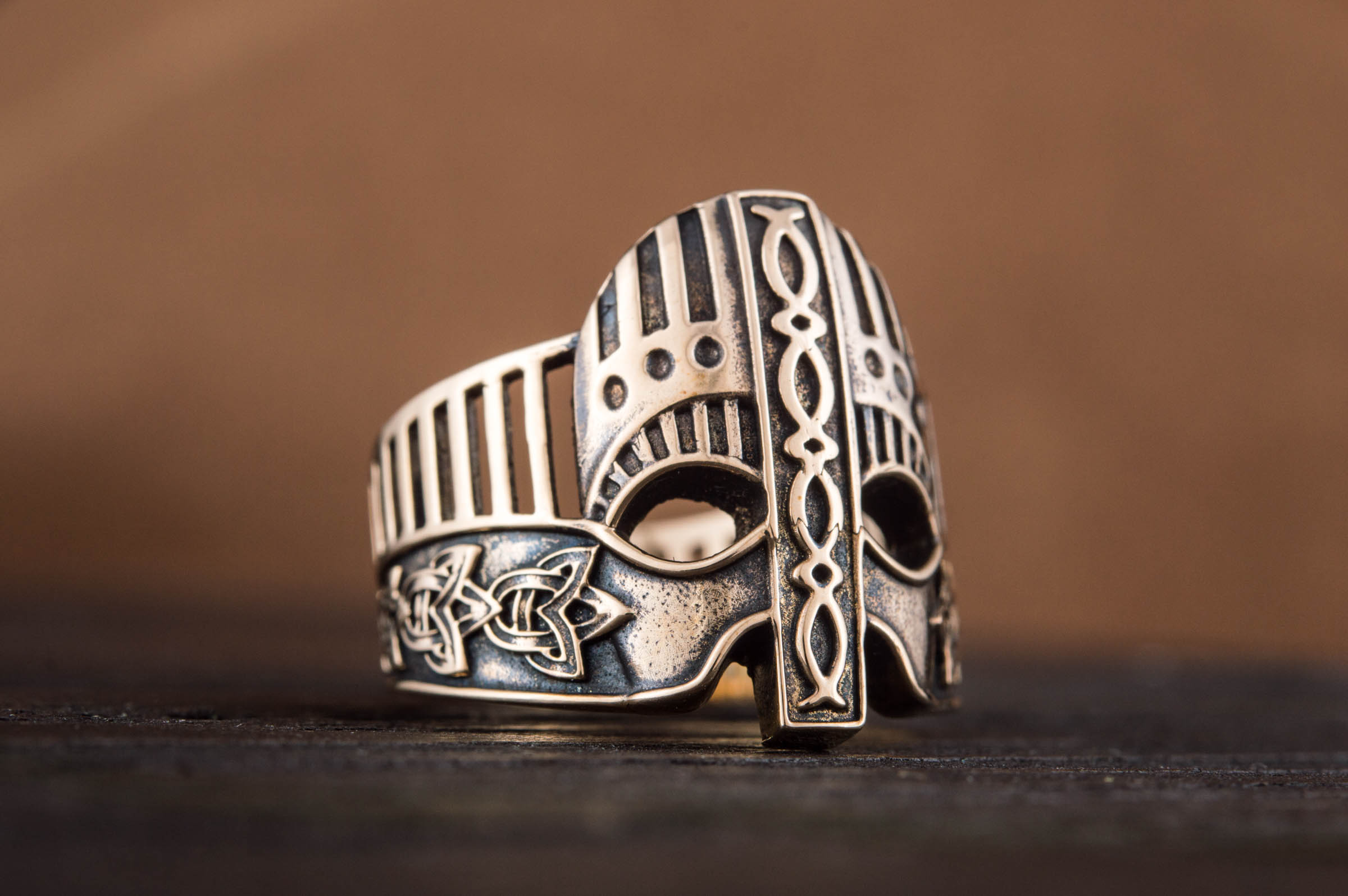 Viking Helmet with Norse Ornament Bronze Unique Ring - vikingworkshop