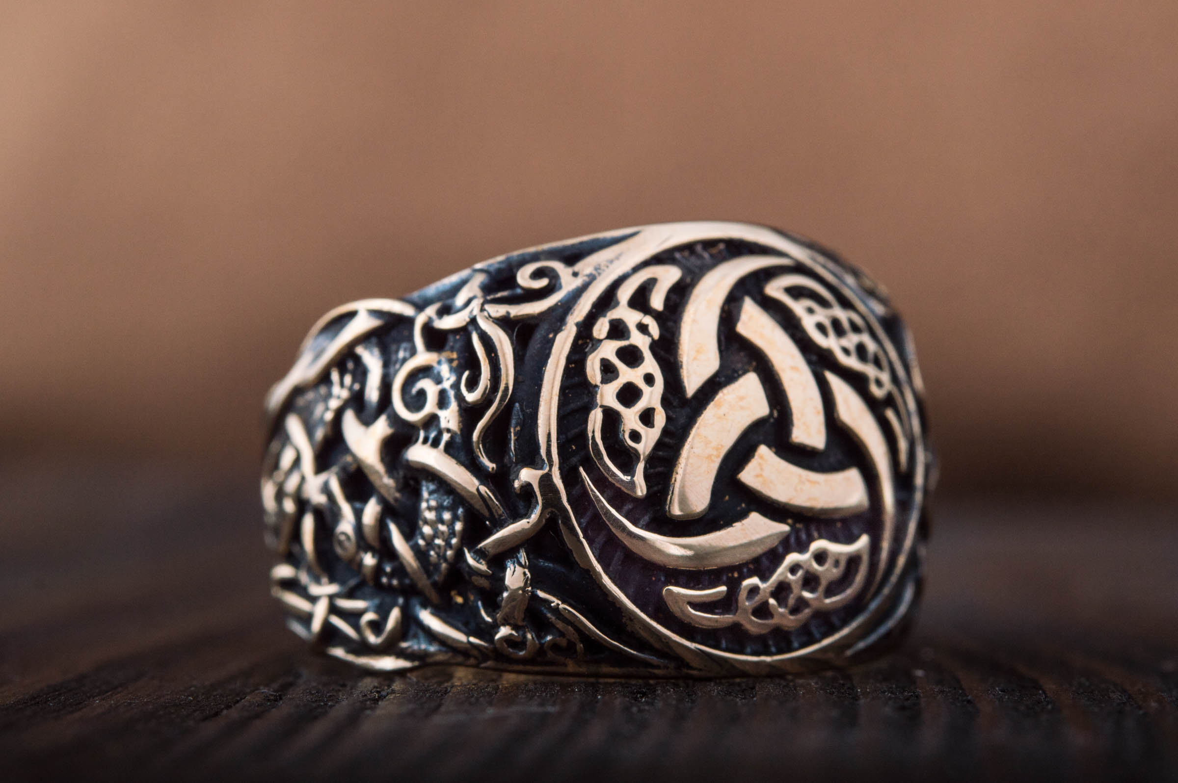 Odin Horn Symbol Ring with Mammen Ornament Bronze Viking Jewelry - vikingworkshop