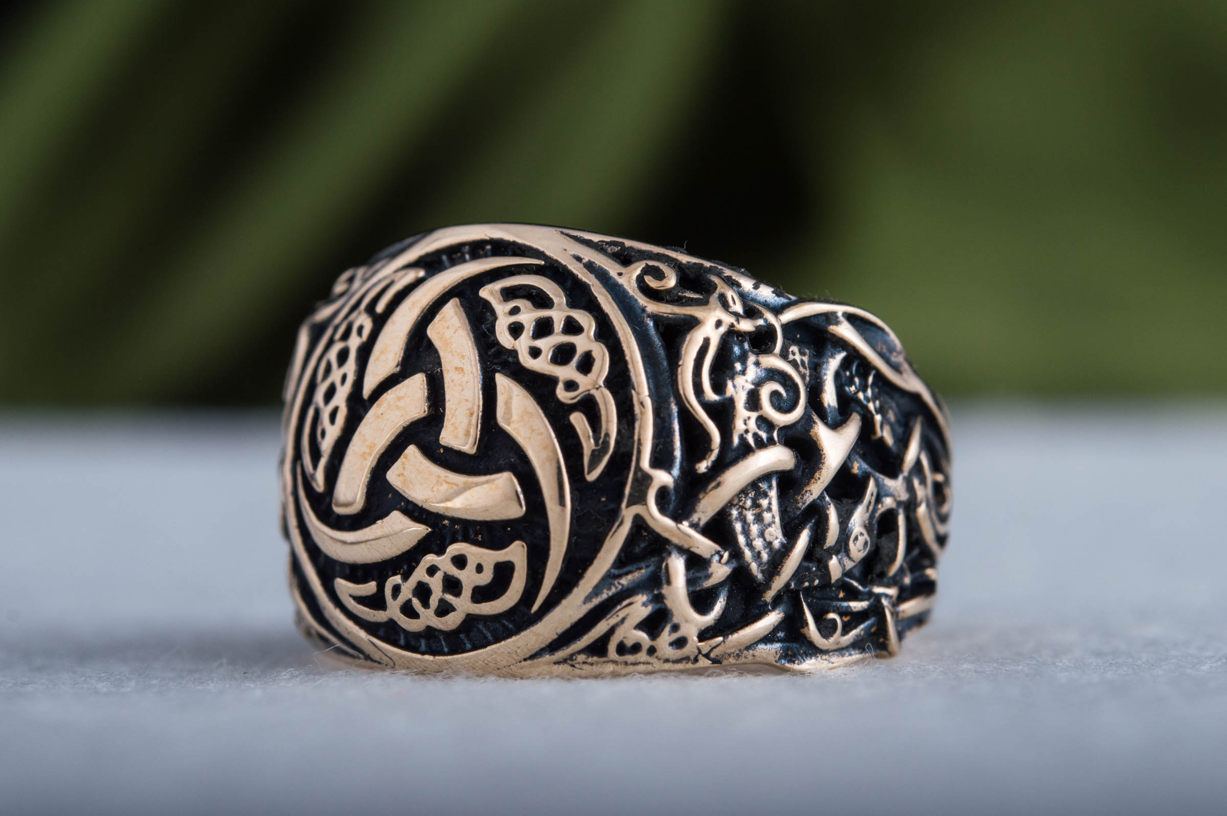 Odin Horn Symbol Ring with Mammen Ornament Bronze Viking Jewelry - vikingworkshop