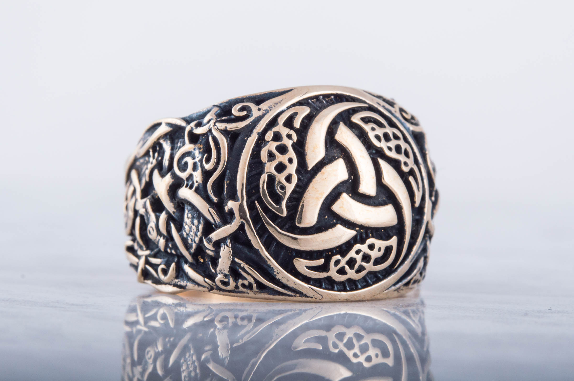 Odin Horn Symbol Ring with Mammen Ornament Bronze Viking Jewelry - vikingworkshop