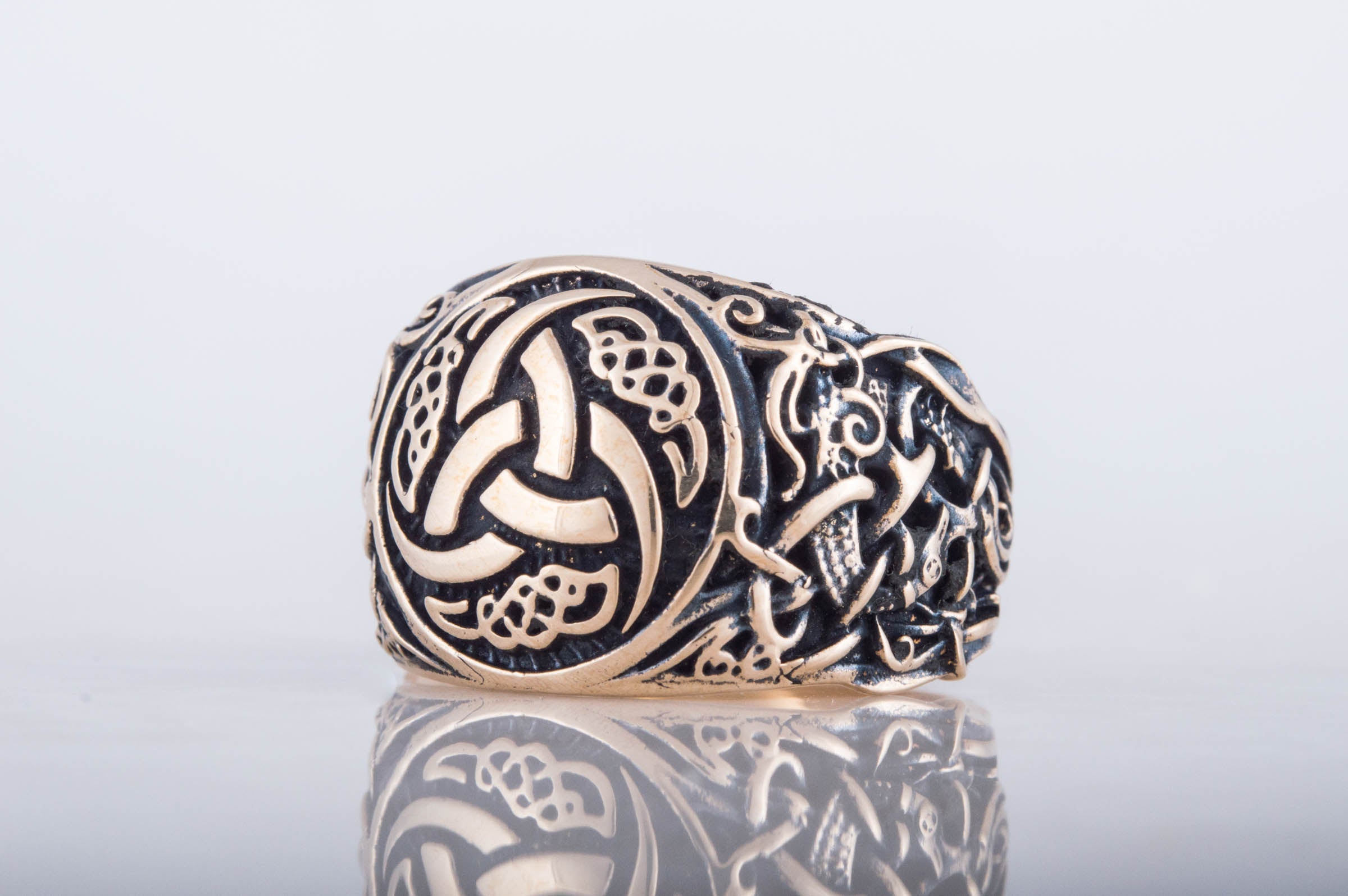 Odin Horn Symbol Ring with Mammen Ornament Bronze Viking Jewelry - vikingworkshop