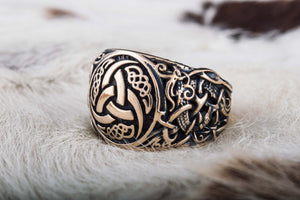 Odin Horn Symbol Ring with Mammen Ornament Bronze Viking Jewelry - vikingworkshop