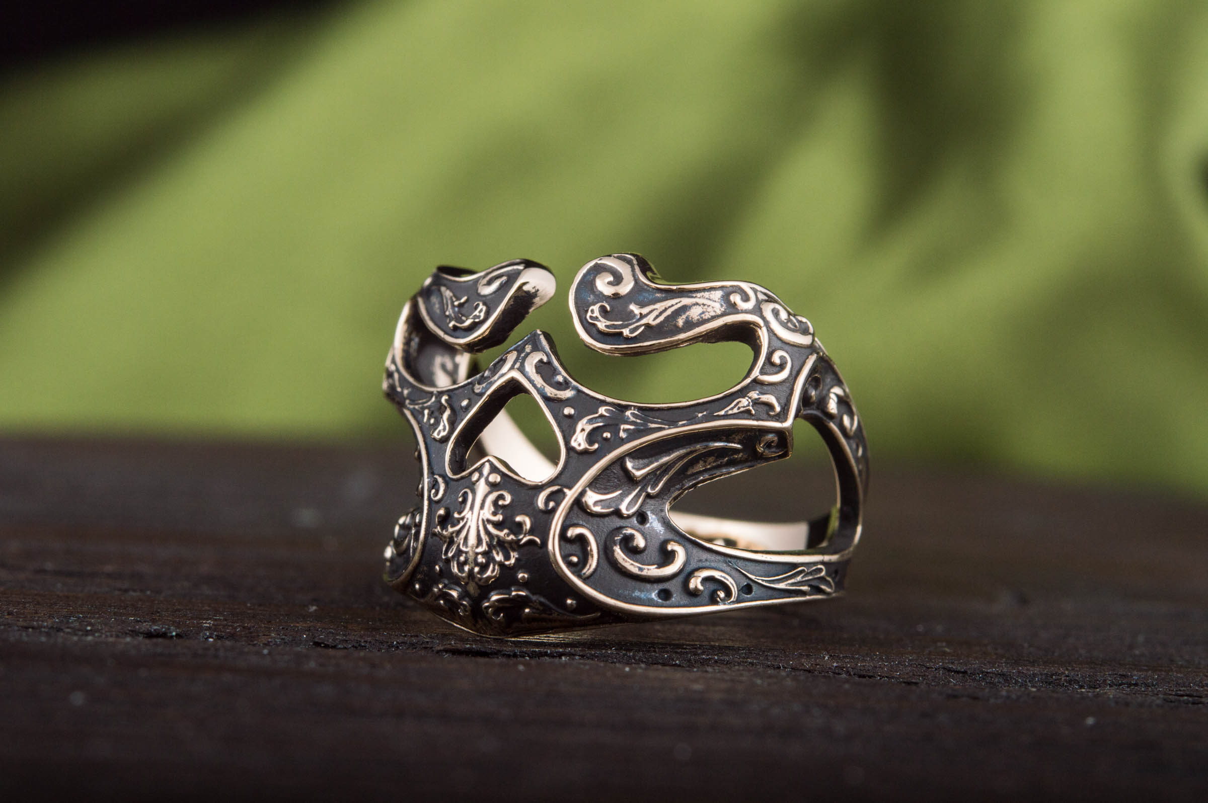 Skull Ring with Ornament Bronze Unique Biker Jewelry - vikingworkshop