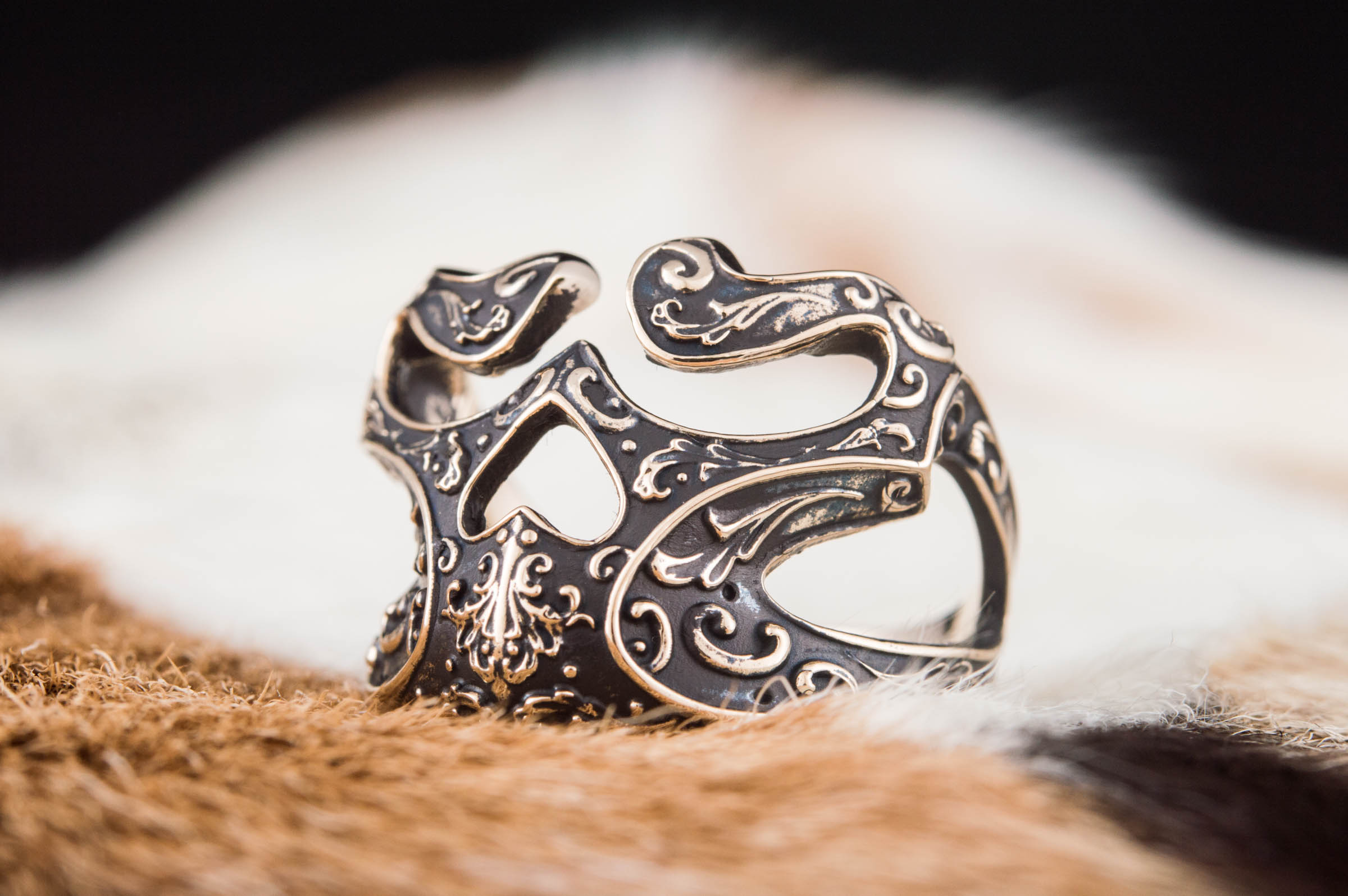 Skull Ring with Ornament Bronze Unique Biker Jewelry - vikingworkshop