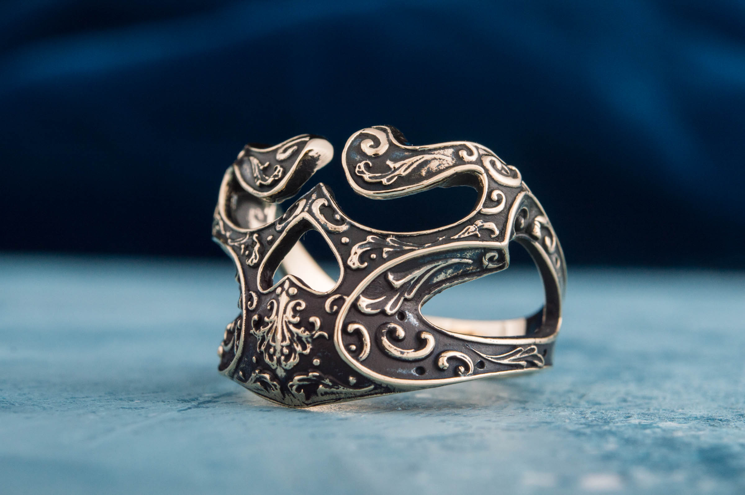 Skull Ring with Ornament Bronze Unique Biker Jewelry - vikingworkshop