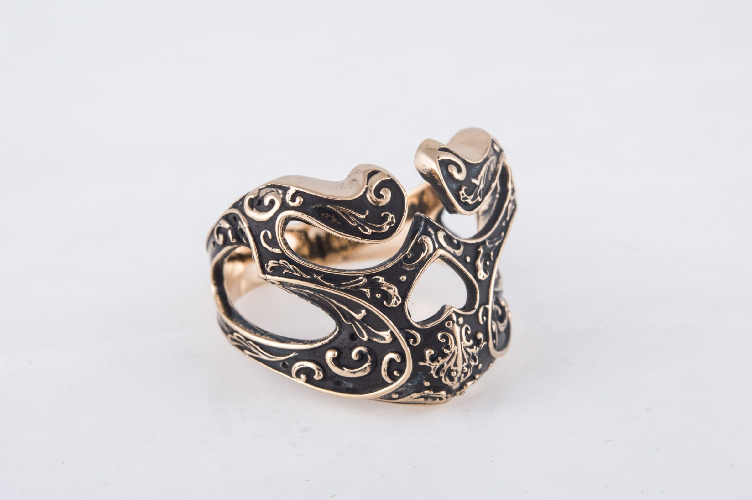Skull Ring with Ornament Bronze Unique Biker Jewelry - vikingworkshop