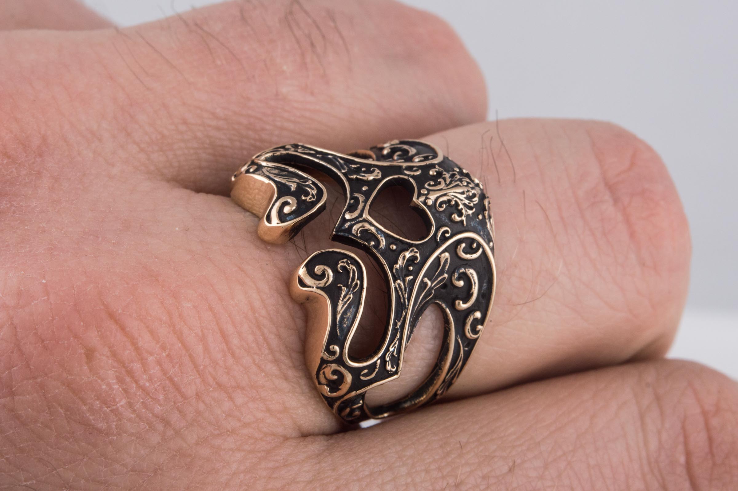 Skull Ring with Ornament Bronze Unique Biker Jewelry - vikingworkshop